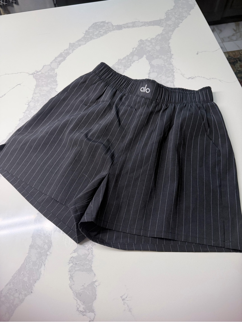 ALO Yoga Black Pinstripe Relaxed Athletic Shorts